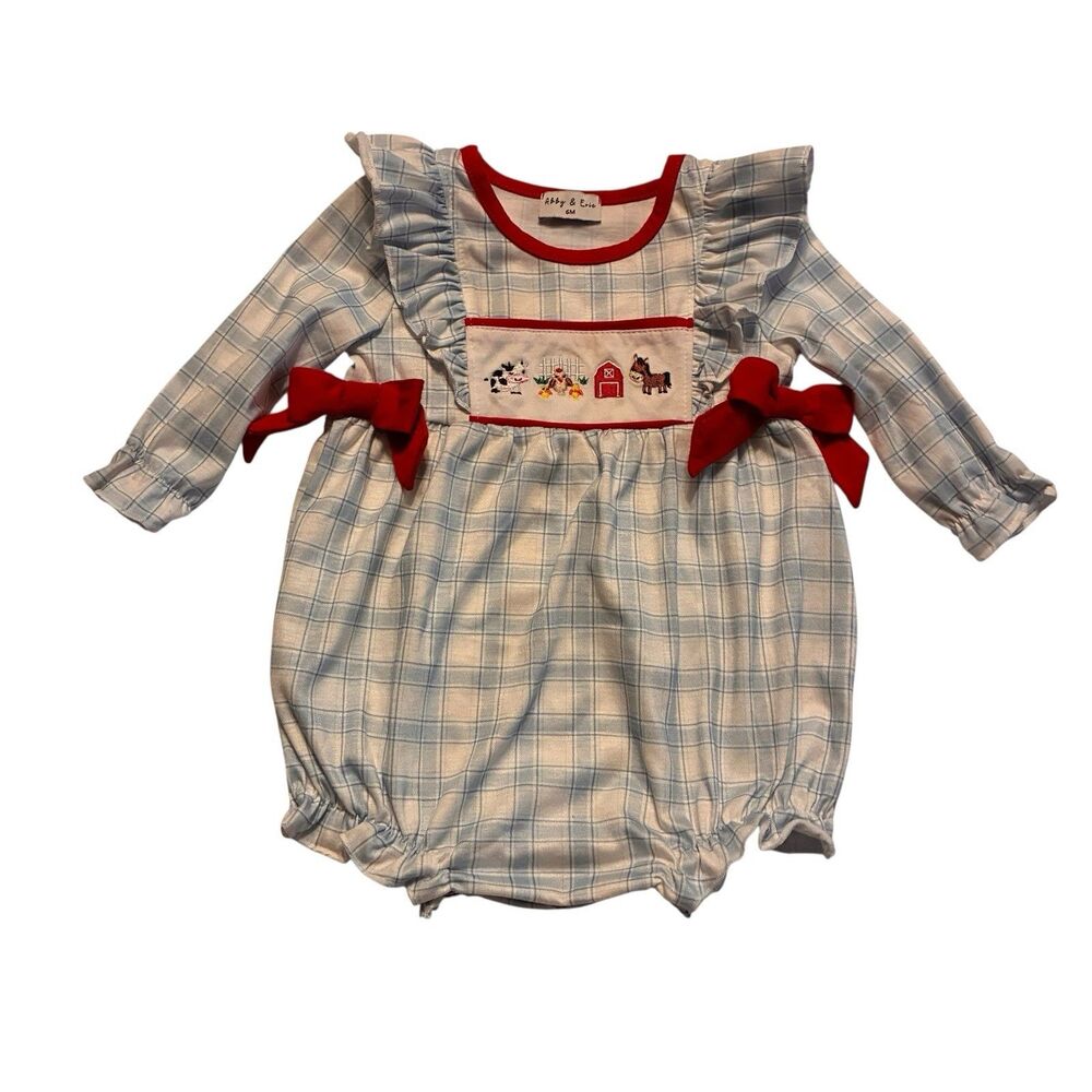 Abby & Evie Baby Girl’s Red, White, Blue Embroidered Farm Animals, Barn. 6 Mths